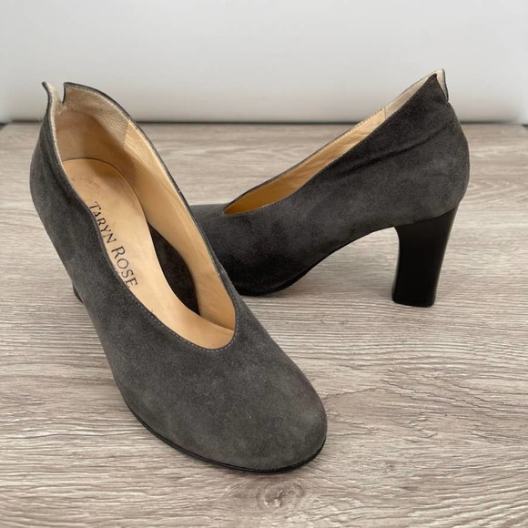 TARYN ROSE Gray Suede Pump Round Toe Block Heels - Made in Italy - Size 35 - Picture 1 of 10